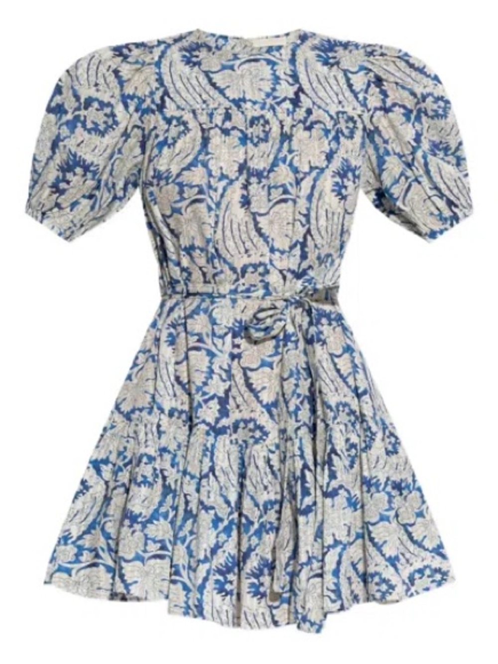 Ulla Johnson Blue and White Floral Puff-Sleeve Tie-Waist Mini Dress